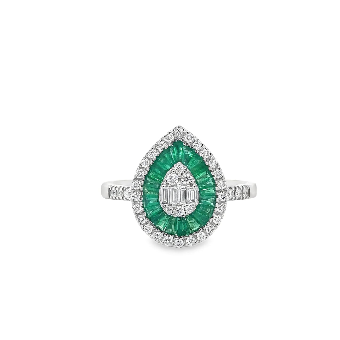 14KT WHITE GOLD EMERALD AND DIAMONDS PEAR SHAPE RING