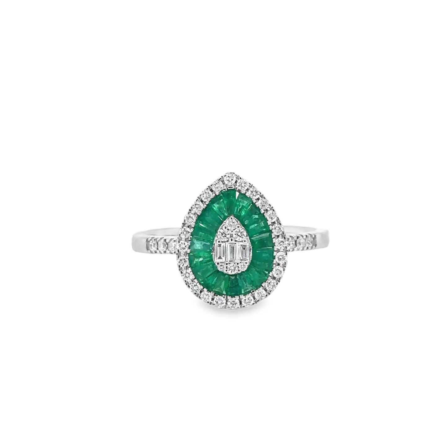 14KT WHITE GOLD EMERALD AND DIAMONDS PEAR SHAPE RING