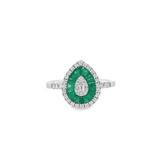 14KT WHITE GOLD EMERALD AND DIAMONDS PEAR SHAPE RING