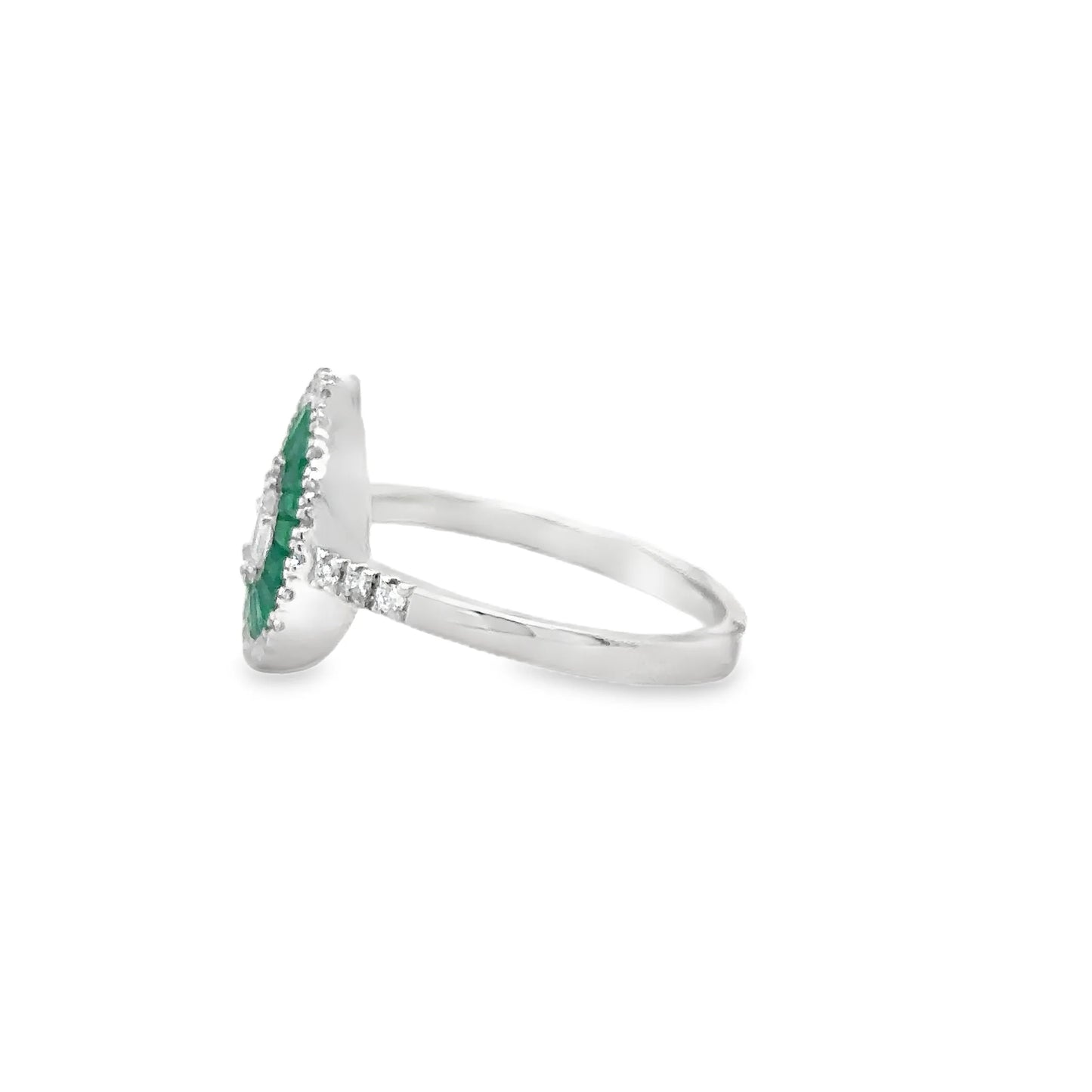 14KT WHITE GOLD EMERALD AND DIAMONDS PEAR SHAPE RING