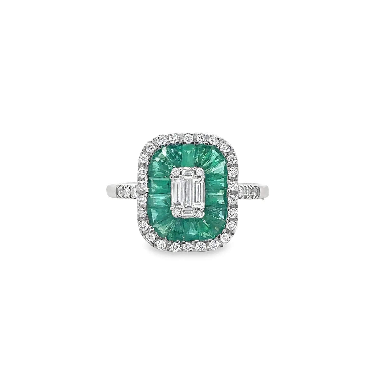 14KT WHITE GOLD EMERALD AND DIAMONDS RING