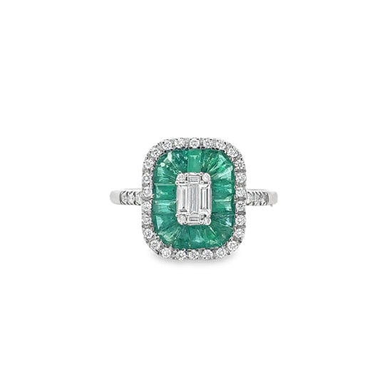 14KT WHITE GOLD EMERALD AND DIAMONDS RING