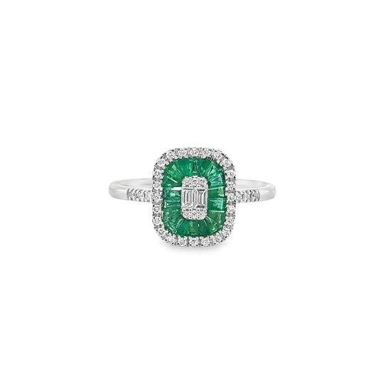 14KT WHITE GOLD EMERALD AND DIAMONDS RING
