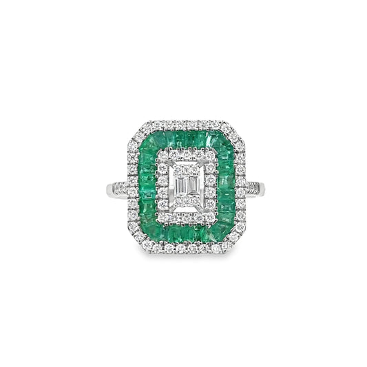 14KT WHITE GOLD EMERALD AND DIAMONDS RING