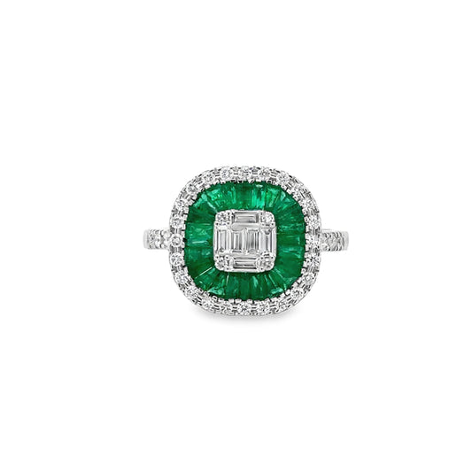 14KT WHITE GOLD EMERALD AND DIAMONDS RING