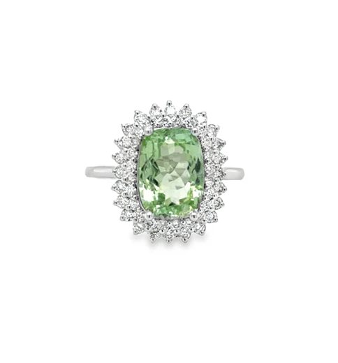 14KT WHITE GOLD GREEN TOURMALINE AND DIAMONDS RING