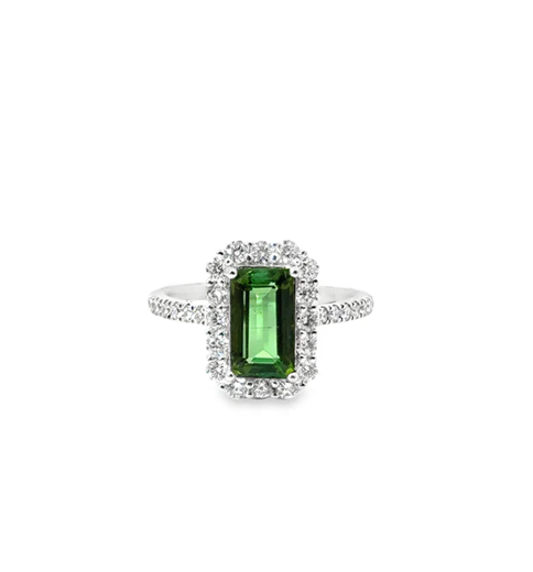 14KT WHITE GOLD GREEN TOURMALINE AND DIAMONDS RING