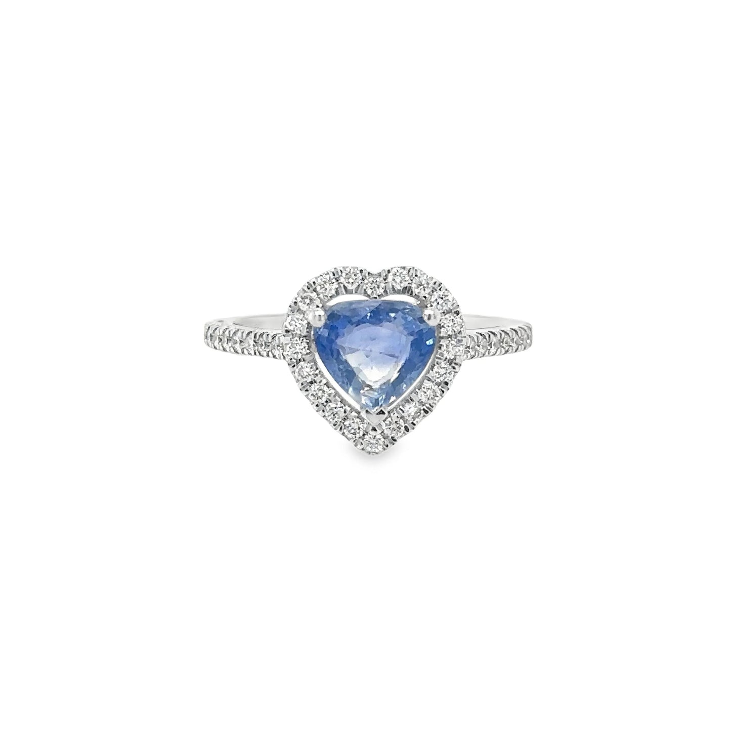 14KT WHITE GOLD HEART SHAPED SAPPHIRE AND DIAMOND RING