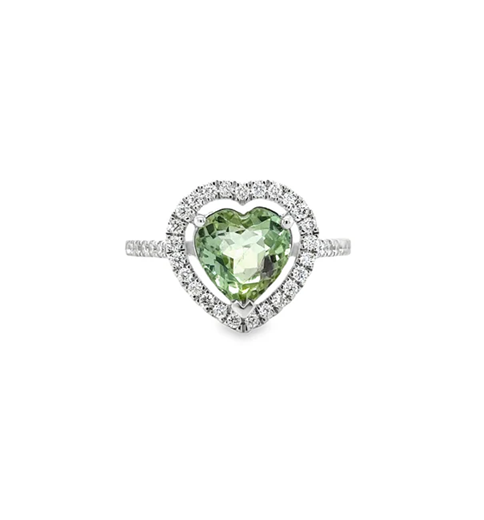 14KT WHITE GOLD HEART SHAPE GREEN TOURMALINE AND DIAMONDS RING