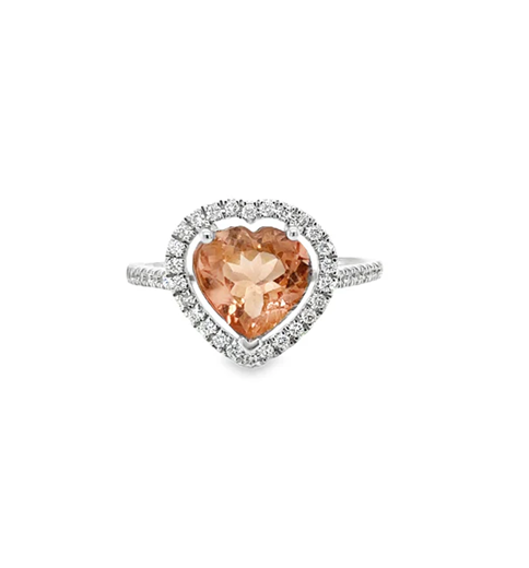 14KT WHITE GOLD HEART SHAPE ORANGE TOURMALINE AND DIAMONDS RING