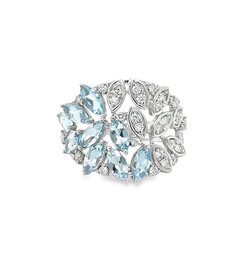 14KT WHITE GOLD MARQUISE SHAPE AQUAMARINE AND DIAMONDS COCKTAIL RING