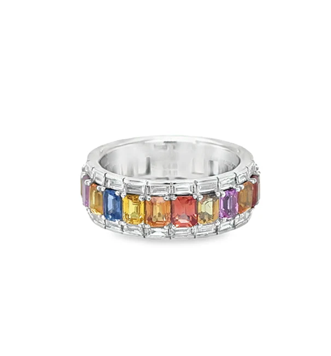 14KT WHITE GOLD MULTI SAPPHIRE AND DIAMONDS RING