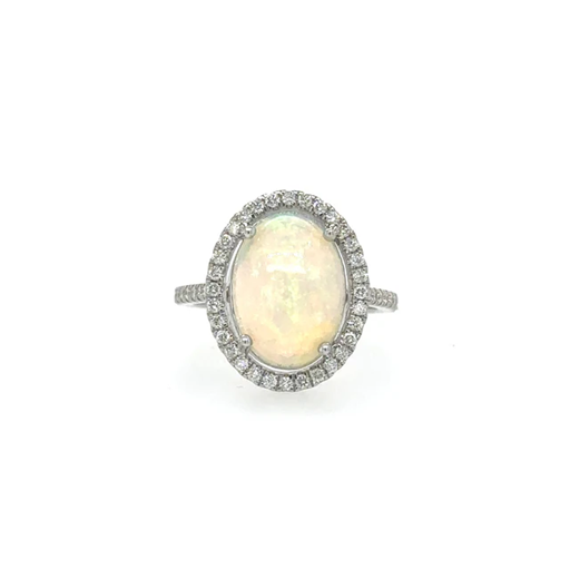 14KT WHITE GOLD OPAL RING WITH DIAMONDS
