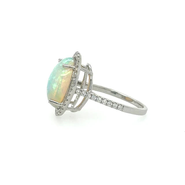 14KT WHITE GOLD OPAL RING WITH DIAMONDS