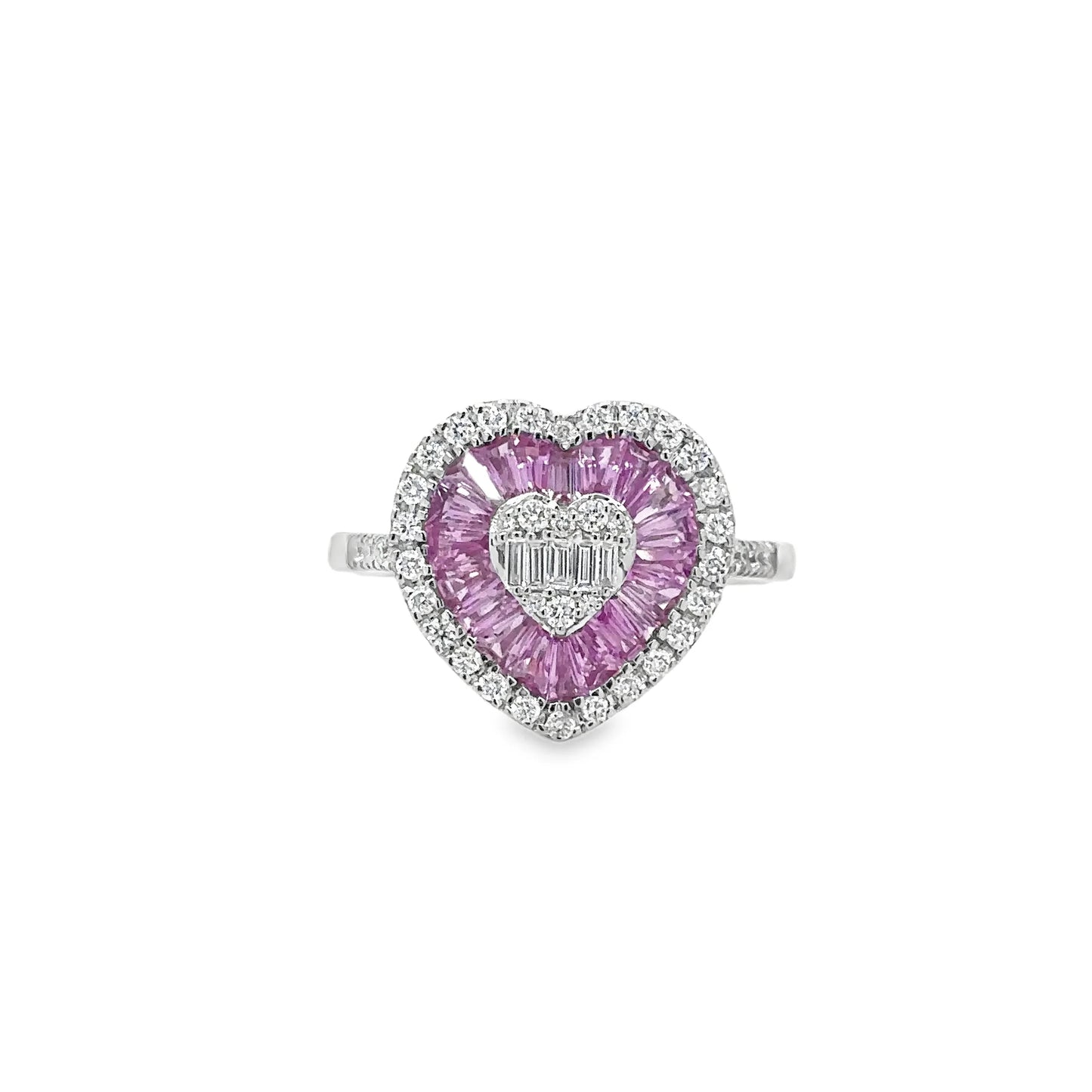 14KT WHITE GOLD PINK SAPPHIRE AND DIAMONDS HEART SHAPE RING