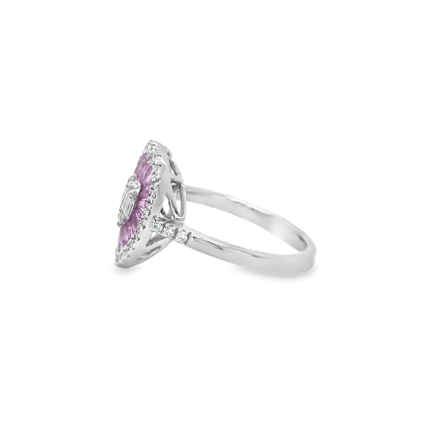 14KT WHITE GOLD PINK SAPPHIRE AND DIAMONDS HEART SHAPE RING