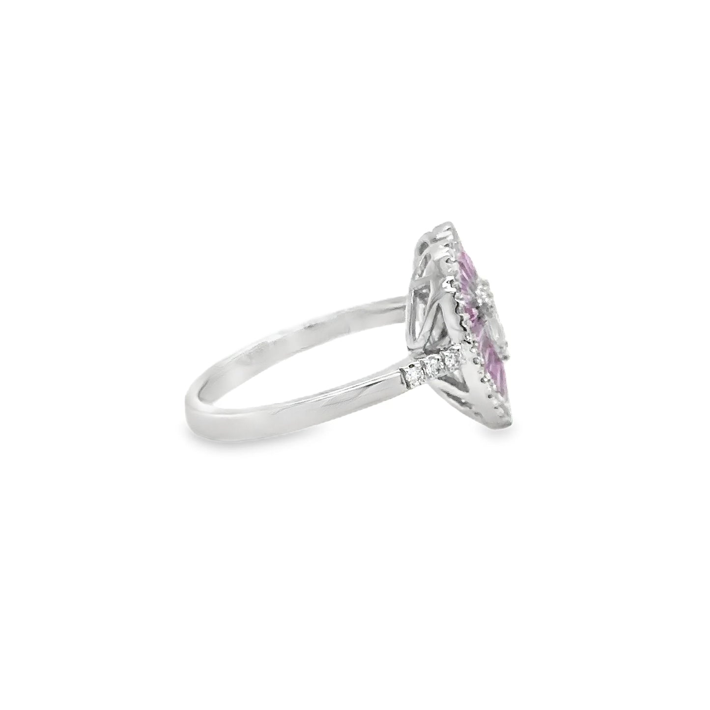 14KT WHITE GOLD PINK SAPPHIRE AND DIAMONDS HEART SHAPE RING