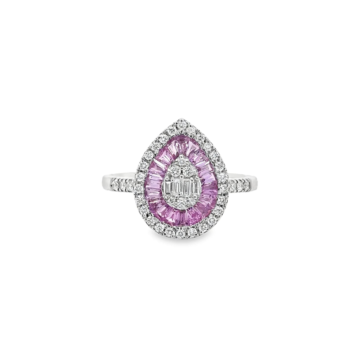 14KT WHITE GOLD PINK SAPPHIRE AND DIAMONDS PEAR SHAPE RING