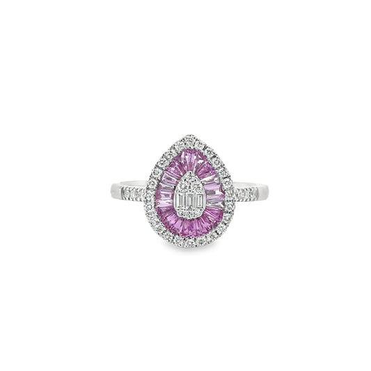 14KT WHITE GOLD PINK SAPPHIRE AND DIAMONDS PEAR SHAPE RING