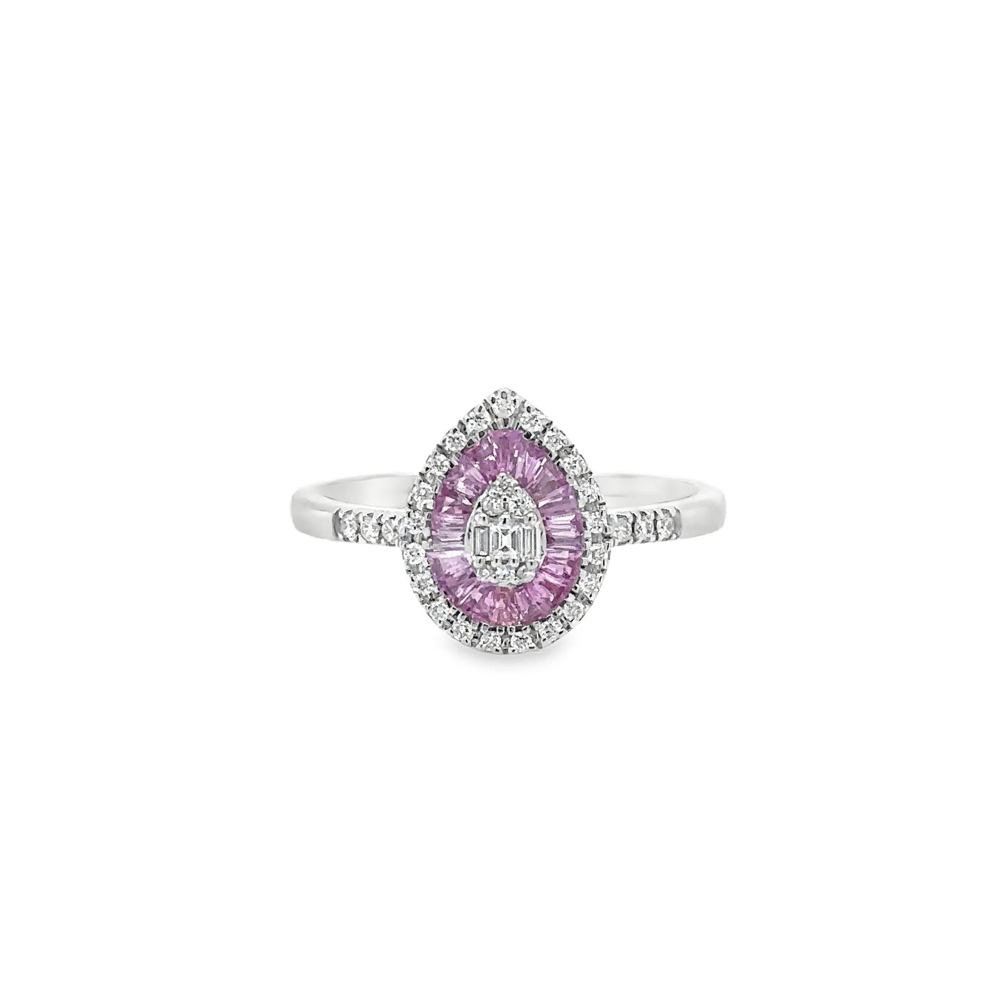 14KT WHITE GOLD PINK SAPPHIRE AND DIAMONDS PEAR SHAPE RING