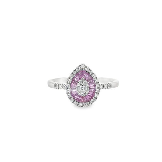 14KT WHITE GOLD PINK SAPPHIRE AND DIAMONDS PEAR SHAPE RING