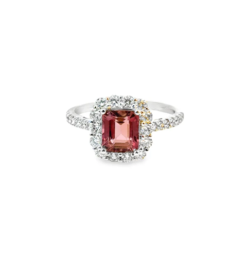 14KT WHITE GOLD PINK TOURMALINE AND DIAMONDS RING
