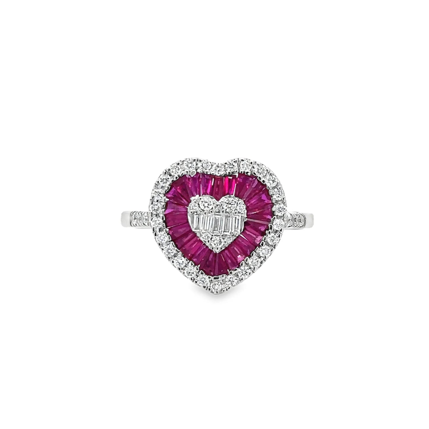 14KT WHITE GOLD RUBY AND DIAMONDS HEART RING
