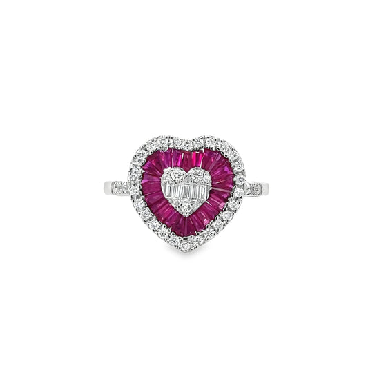 14KT WHITE GOLD RUBY AND DIAMONDS HEART RING