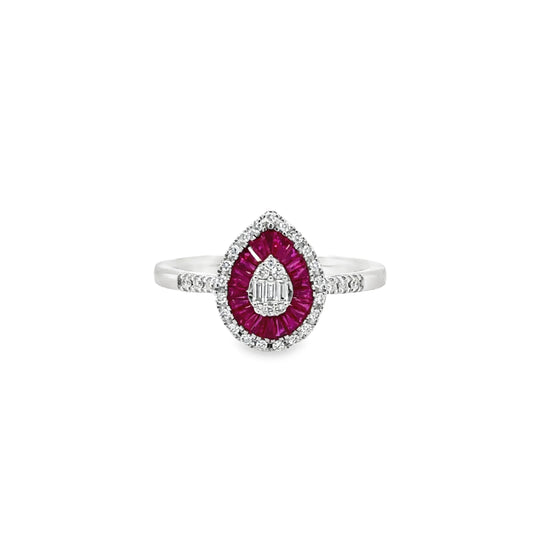 14KT WHITE GOLD RUBY AND DIAMONDS PEAR SHAPE RING