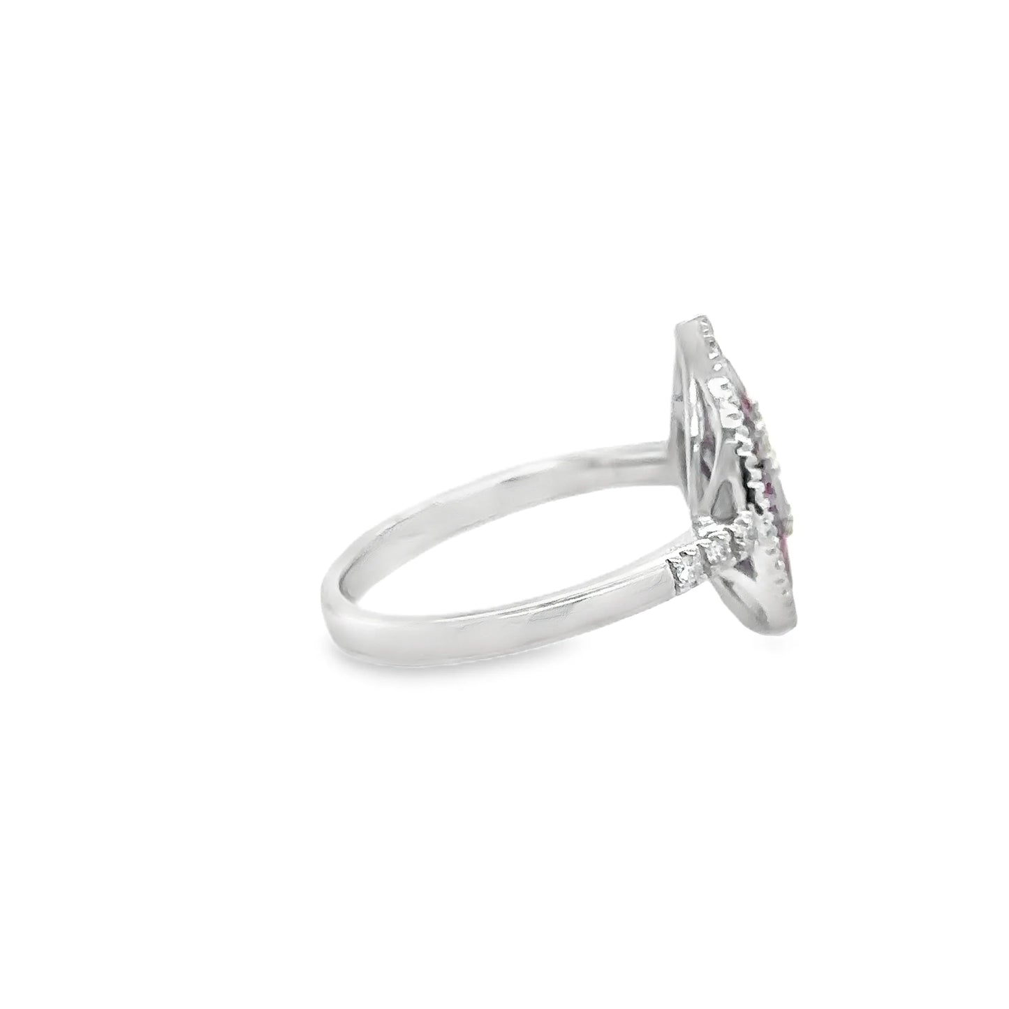 14KT WHITE GOLD RUBY AND DIAMONDS PEAR SHAPE RING