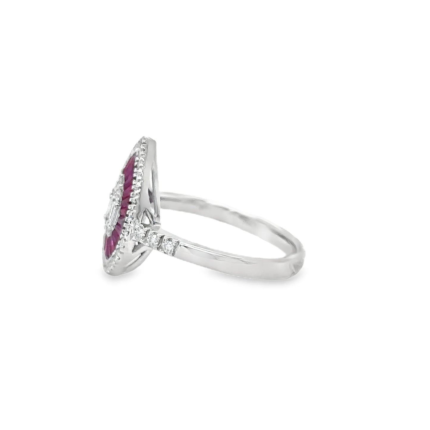 14KT WHITE GOLD RUBY AND DIAMONDS PEAR SHAPE RING