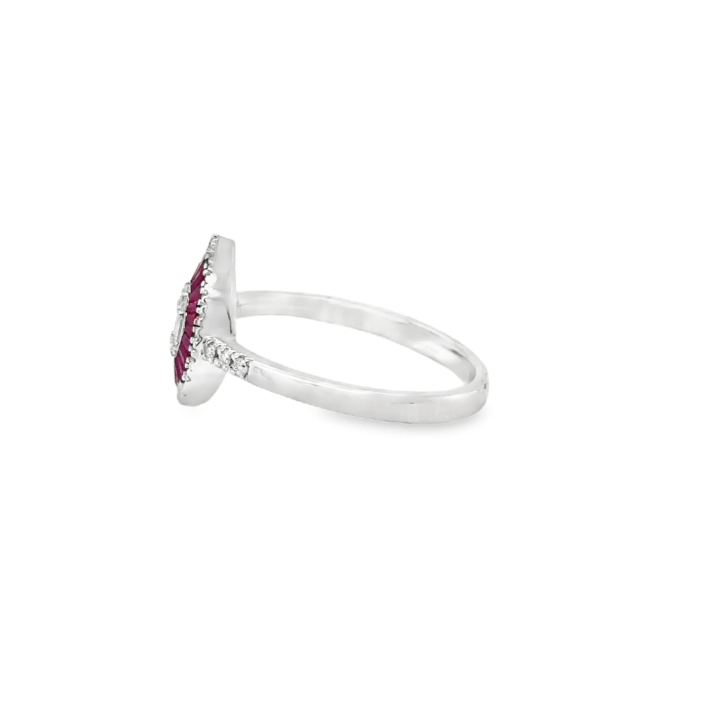 14KT WHITE GOLD RUBY AND DIAMONDS PEAR SHAPE RING