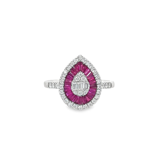 14KT WHITE GOLD RUBY AND DIAMONDS PEAR SHAPE RING