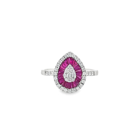 14KT WHITE GOLD RUBY AND DIAMONDS PEAR SHAPE RING