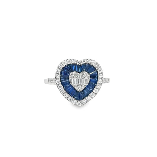 14KT WHITE GOLD SAPPHIRE AND DIAMONDS HEART RING