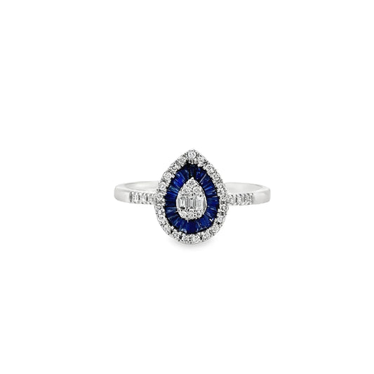 14KT WHITE GOLD SAPPHIRE AND DIAMONDS PEAR SHAPE RING