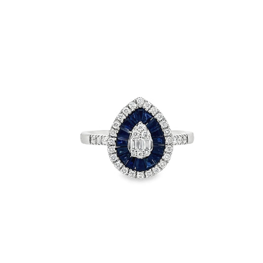 14KT WHITE GOLD SAPPHIRE AND DIAMONDS PEAR SHAPE RING