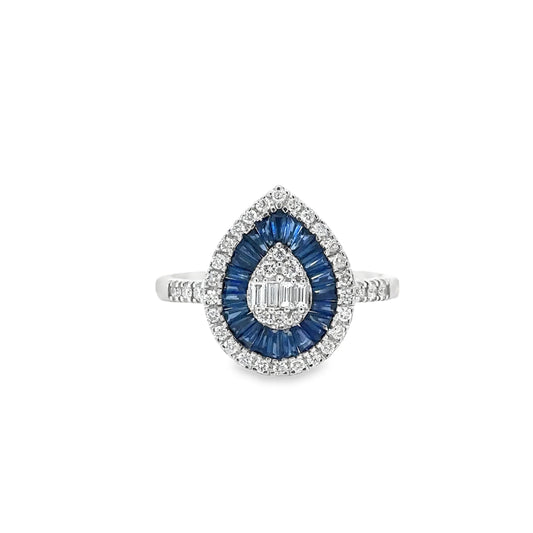 14KT WHITE GOLD SAPPHIRE AND DIAMONDS PEAR SHAPE RING