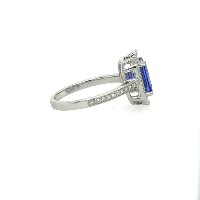 14KT WHITE GOLD TANZANITE EMERALD CUT RING WITH DIAMONDS