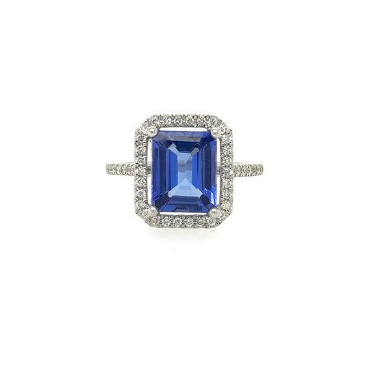 14KT WHITE GOLD TANZANITE EMERALD CUT RING WITH DIAMONDS