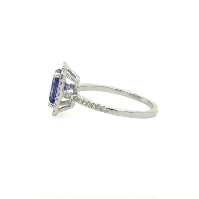 14KT WHITE GOLD TANZANITE EMERALD CUT RING WITH DIAMONDS