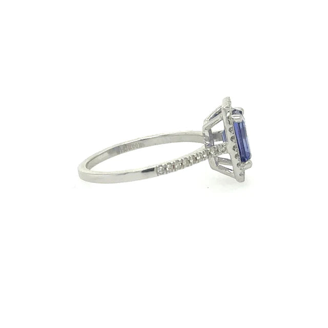 14KT WHITE GOLD TANZANITE EMERALD CUT RING WITH DIAMONDS