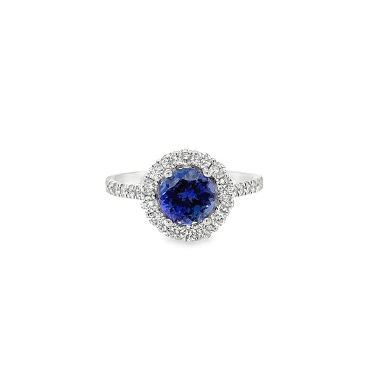 14KT WHITE GOLD TANZANITE ROUND RING WITH DIAMONDS