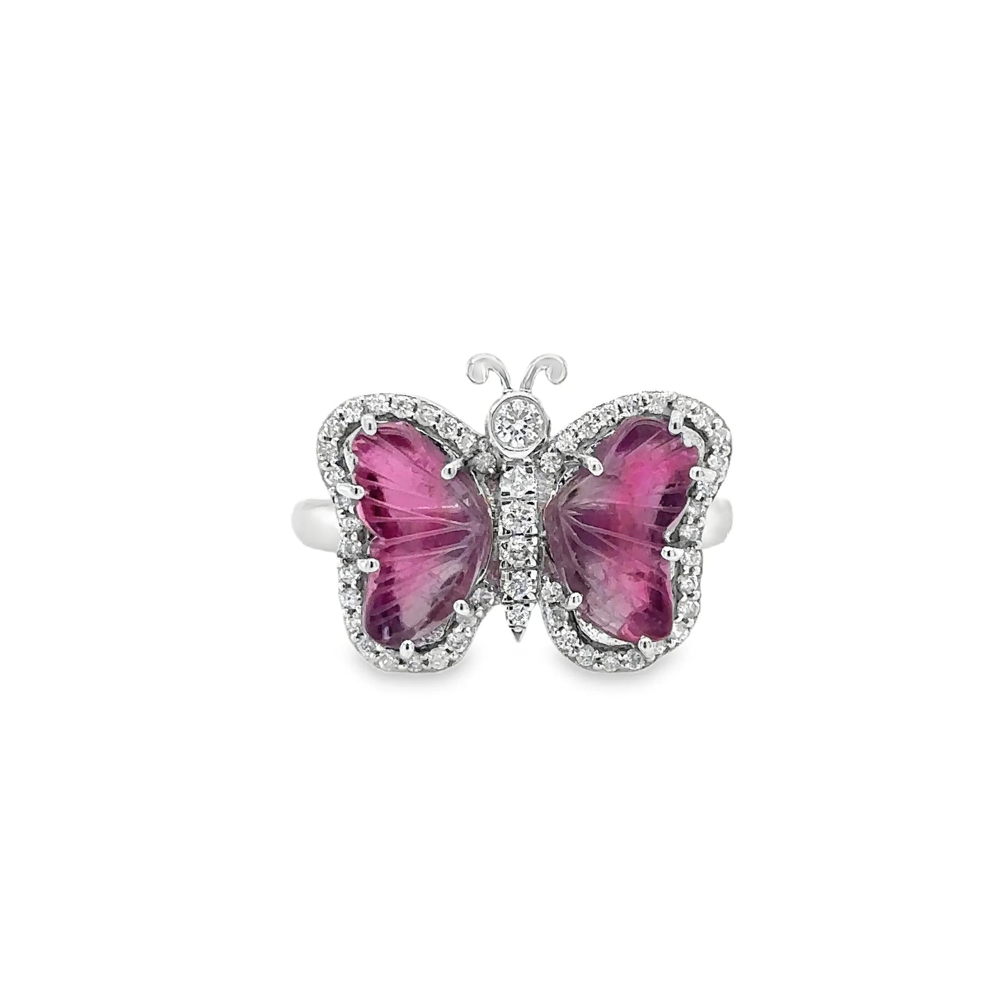 14KT WHITE GOLD WATERMELON TOURMALINE AND DIAMONDS BUTTERFLY RING