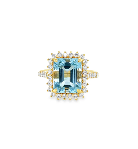 14KT YELLOW GOLD AQUAMARINE AND DIAMONDS RING