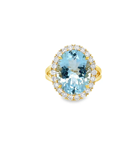 14KT YELLOW GOLD AQUAMARINE AND DIAMONDS RING