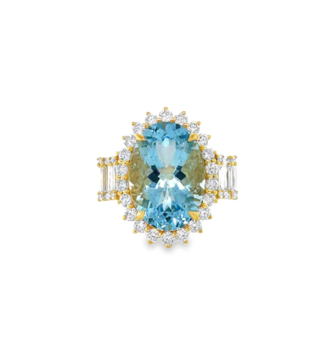 14KT YELLOW GOLD AQUAMARINE AND DIAMONDS RING