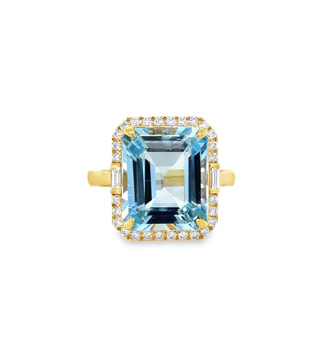 14KT YELLOW GOLD AQUAMARINE AND DIAMONDS RING