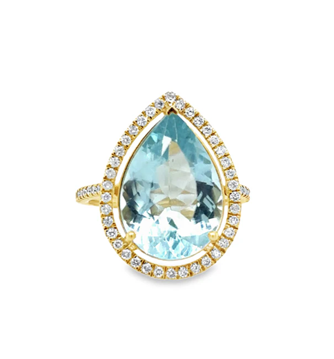 14KT YELLOW GOLD AQUAMARINE AND DIAMONDS RING