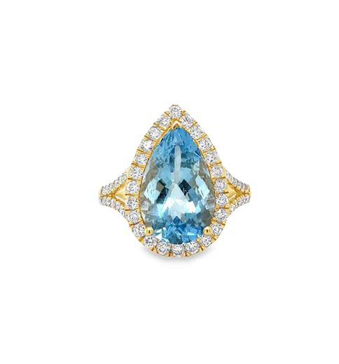 14KT YELLOW GOLD AQUAMARINE AND DIAMONDS RING